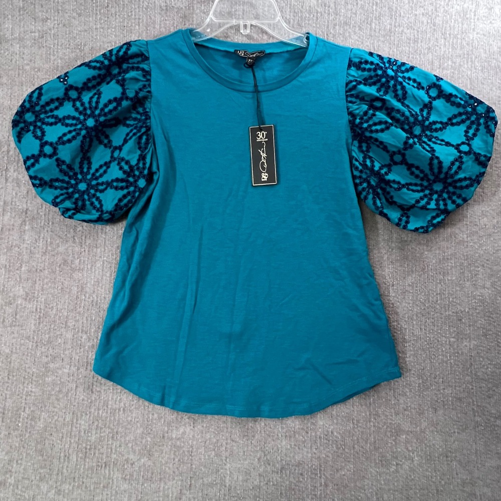 Diane Gilman 30th Anniversary Puff Sleeve Eyelet Embroidered Jersey Tee XS NWT